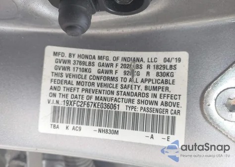 2019 Honda Civic Lx from USA, damaged, VIN 19XFC2F67KE036061